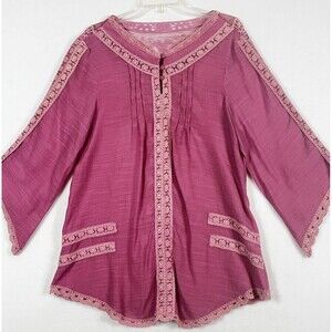 Pink Embroidered tunic fairycore Boho Hippie Peasant Crochet Trim SZ Large READ